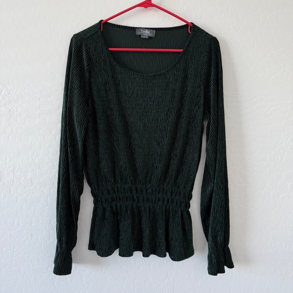 Belle by Belldini Blouse Womens Forest Green Plisse Pleated Smocked Peplum Large